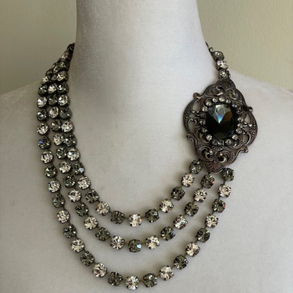 VINTAGE 3 Strand Smoky Gray Clear Crystals Silver Filigree Medallion Necklace